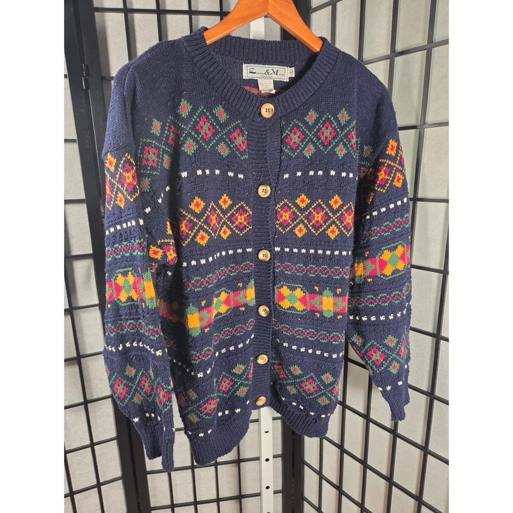 VTG 90s‎ Grannycore Cottagecore Fair Isle Cotton Cardigan Sweater Womens Large